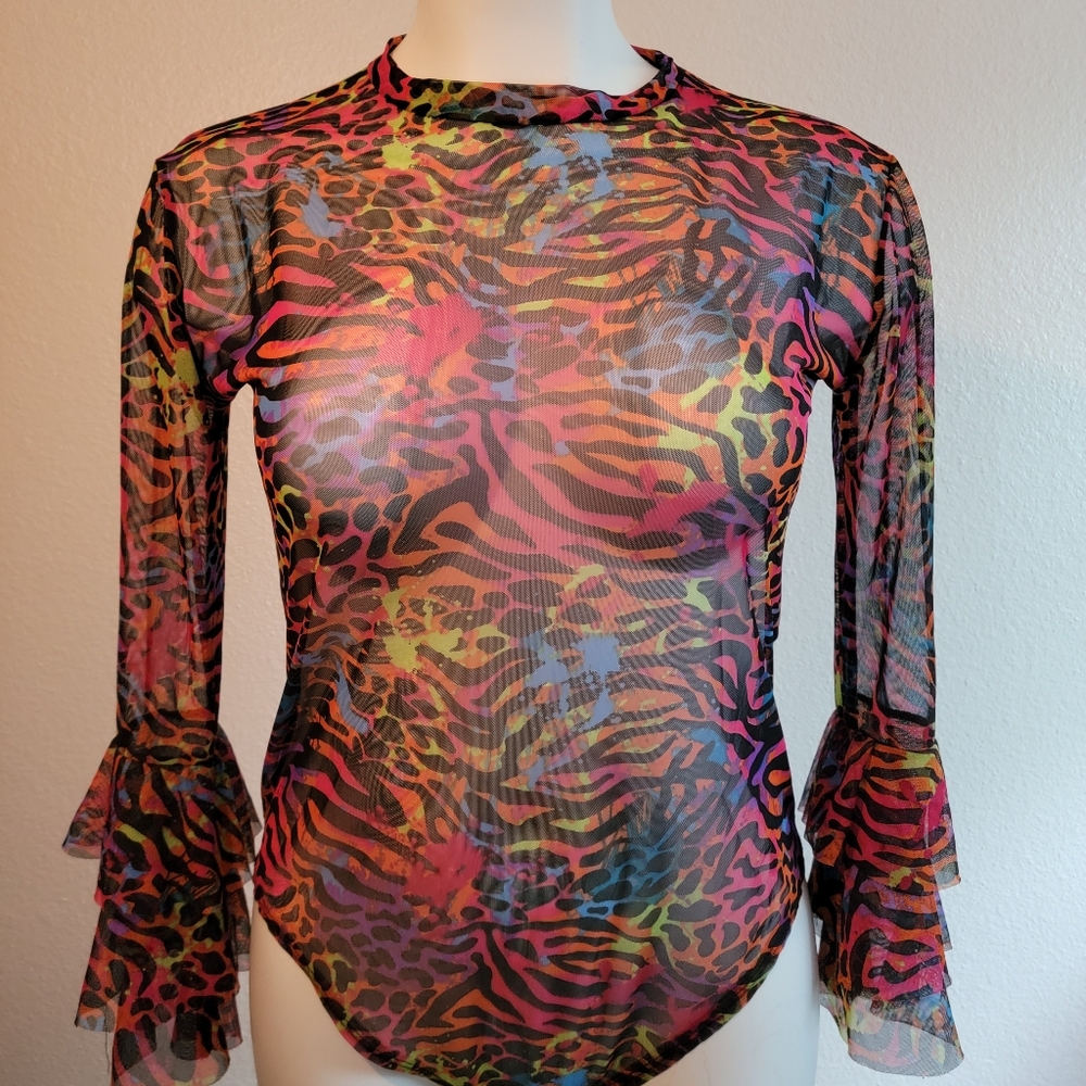 Plus size Love Nation bodysuit rainbow animal print ruffle sleeve
